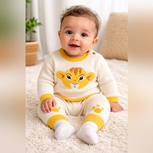 Disney Baby Simba Lion King Knit Sweater Pants Set Ivory Paw Print Sz 3-6M